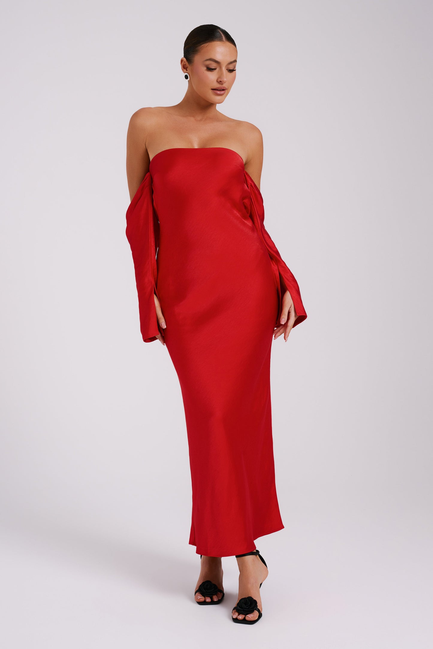 Vee Off Shoulder Satin Midi Dress - Red