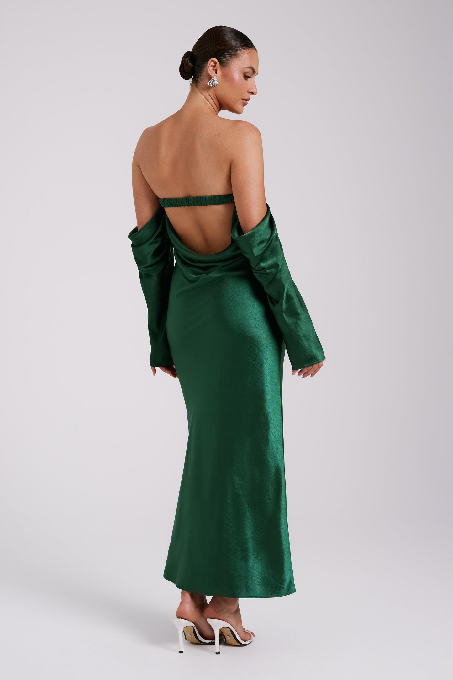 Vee Off Shoulder Satin Midi Dress - Emerald