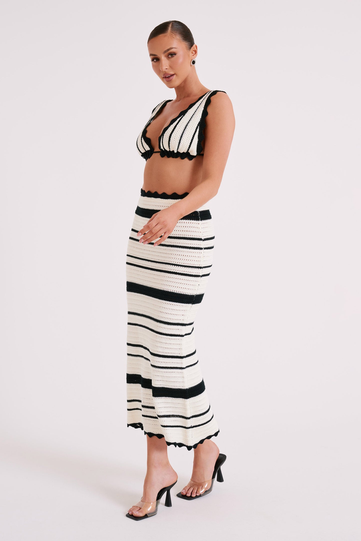 Jadia Contrast Crochet Fishtail Maxi Skirt - Black/White