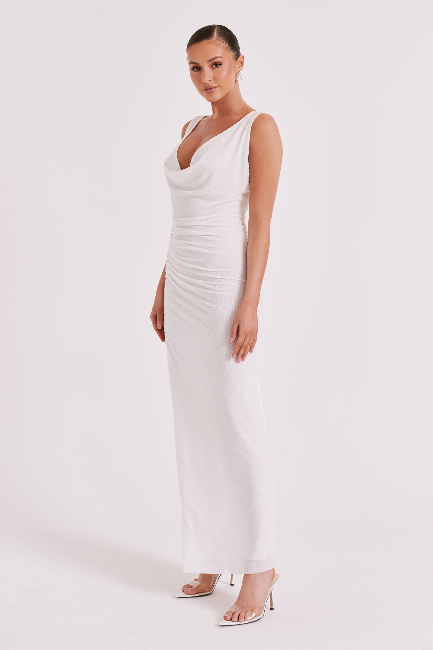 Laney Hot Fix Mesh Cowl Maxi Dress - White