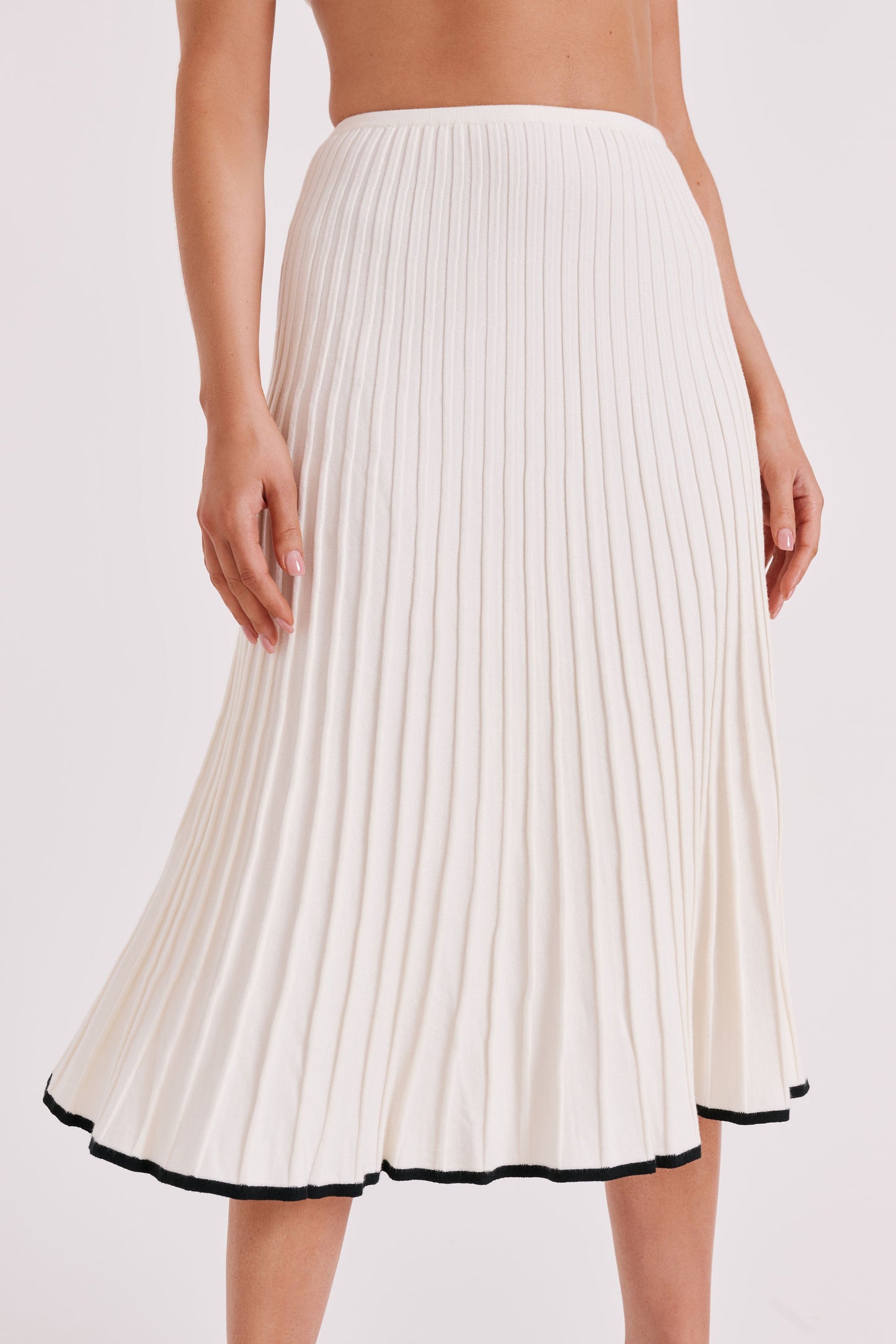 Jolene Contrast Rib Knit Midi Skirt - White