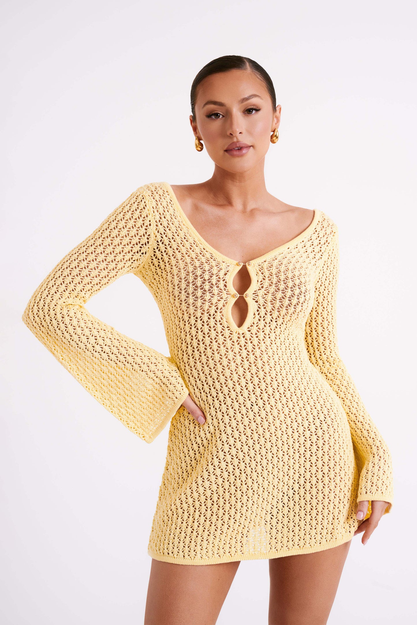 Kayleigh Crochet Knit Mini Dress - Lemon