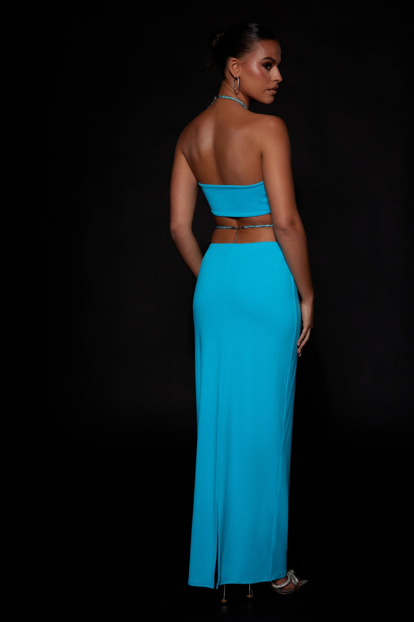 Ruby Diamante Rope Ruched Maxi Skirt - Cyan Blue