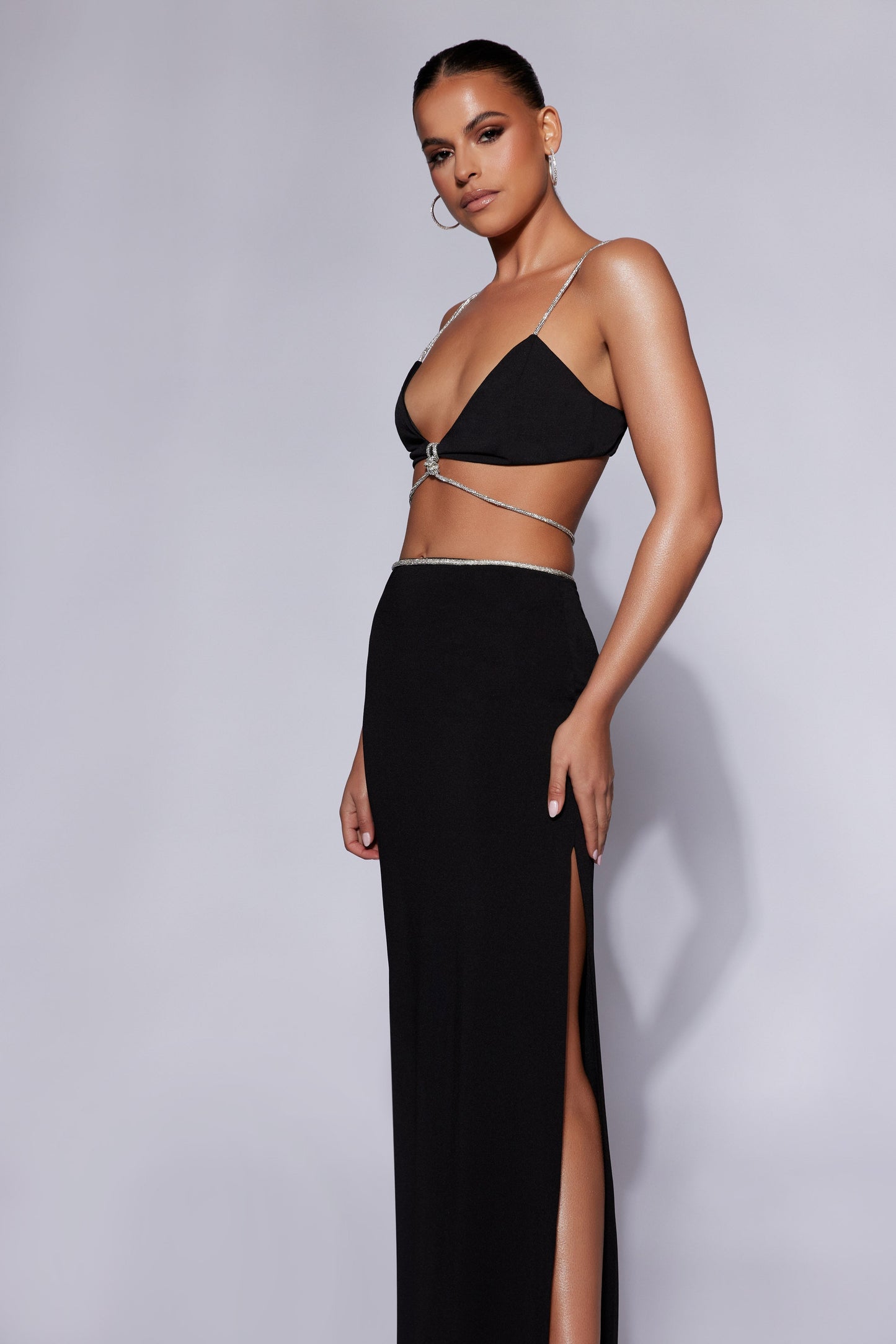 Sweeney Diamante Maxi Skirt With Split - Black