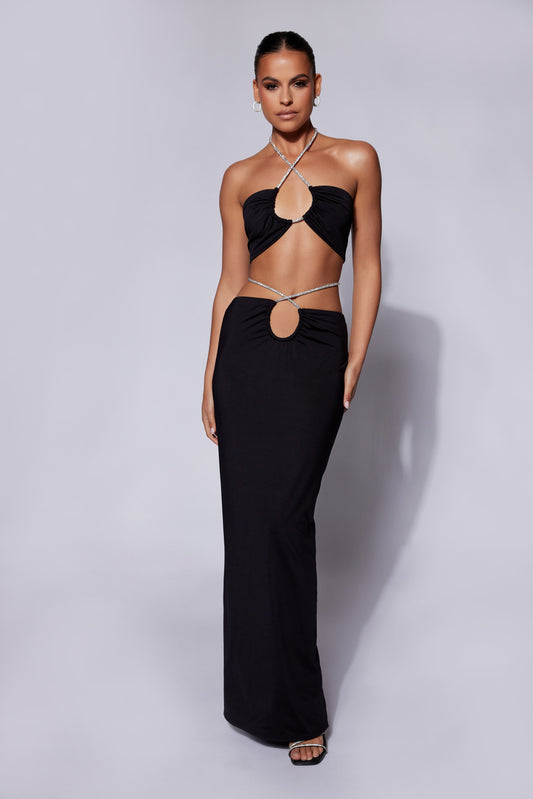 Ruby Diamante Rope Ruched Maxi Skirt - Black