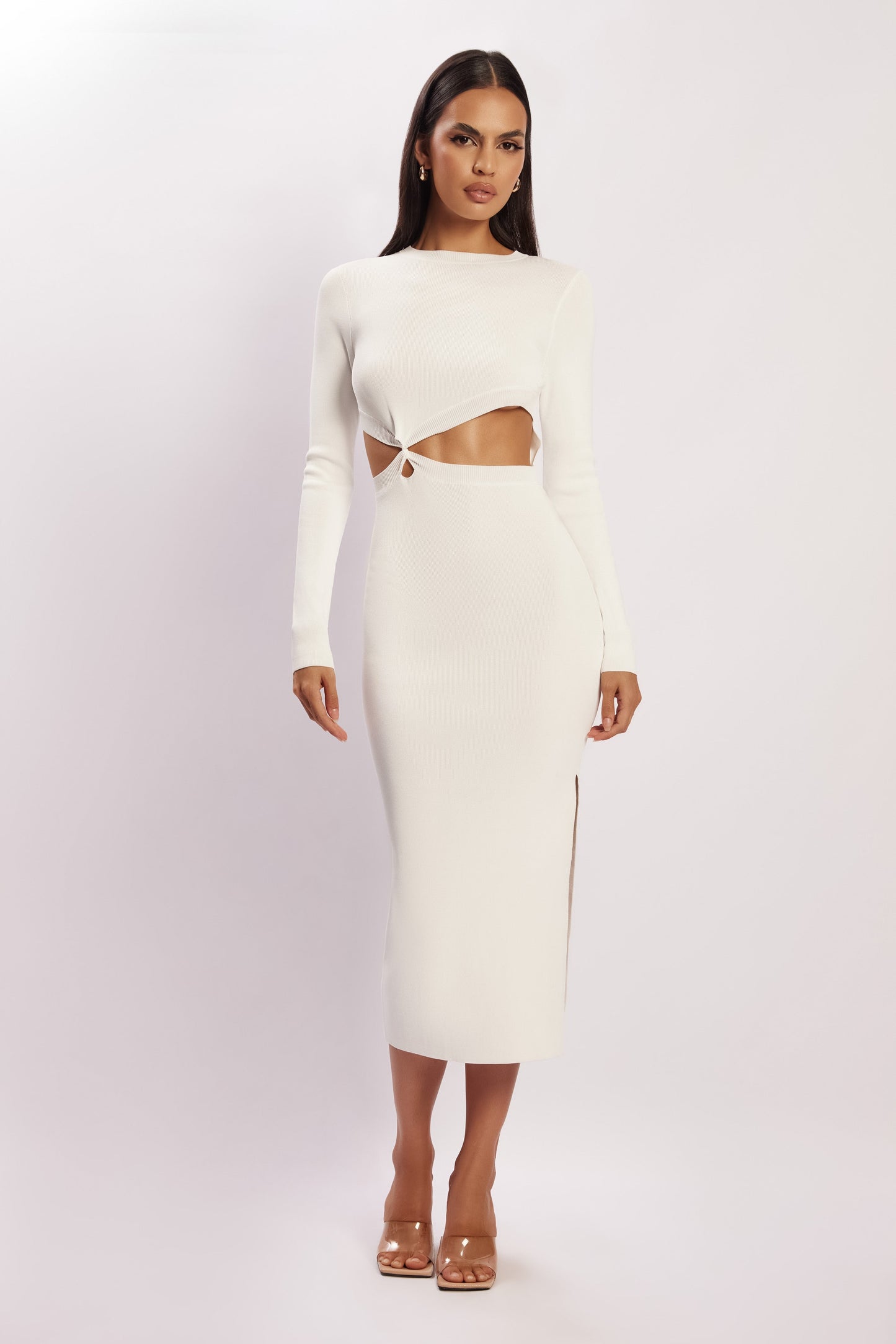 Mila Twist Front Knit Midi Dress - White