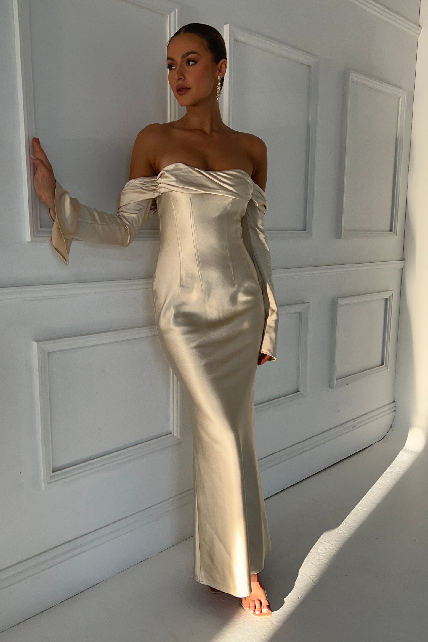 Giselle Off Shoulder Cowl Neck Maxi Dress - Gold