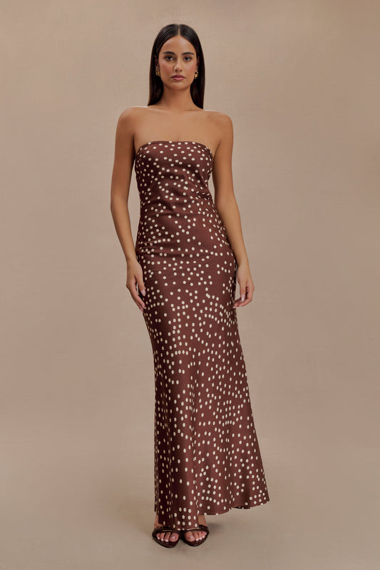 Claudette Strapless Satin Maxi Dress - Brown Polka Dot Print