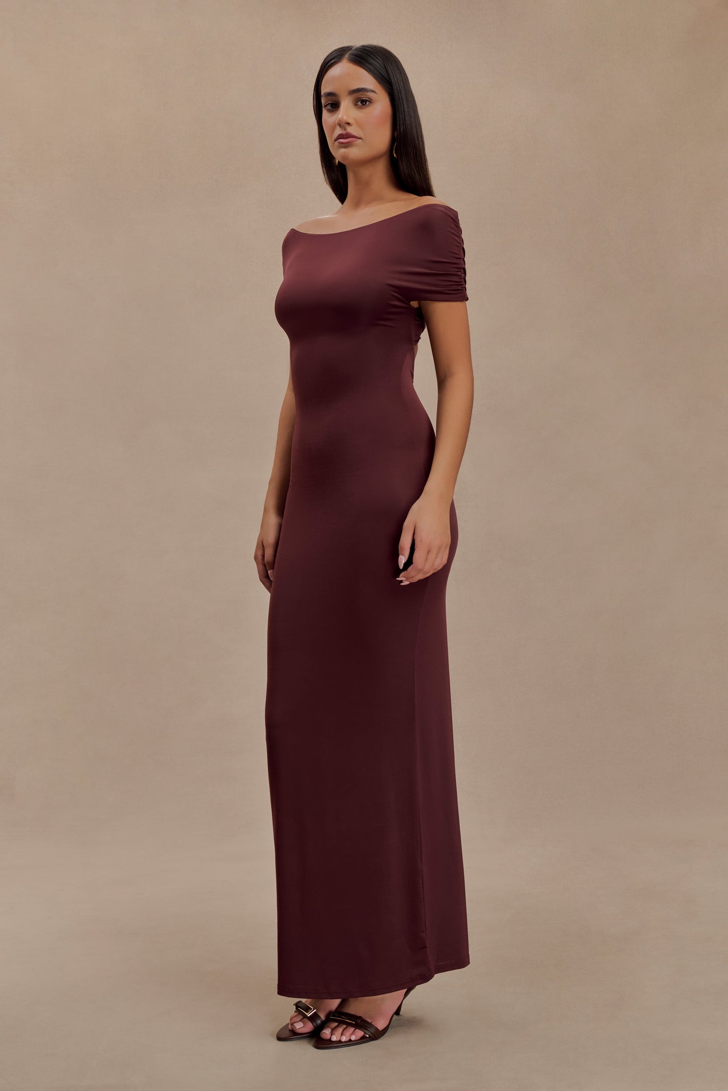 Imogen Off Shoulder Slinky Maxi Dress - Mahogany