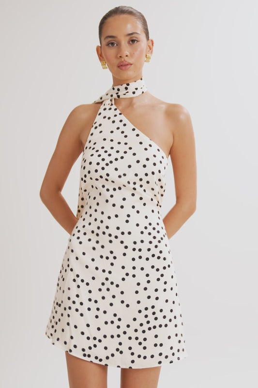 Joan Satin Asymmetrical Mini Dress - Polkadot