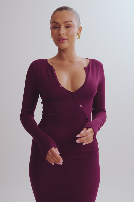 Maria Long Sleeve Buttoned Knit Maxi Dress - Plum