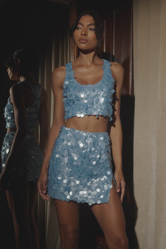 Maude Transparent Sequin Mini Skirt With Split - Cornflower Blue