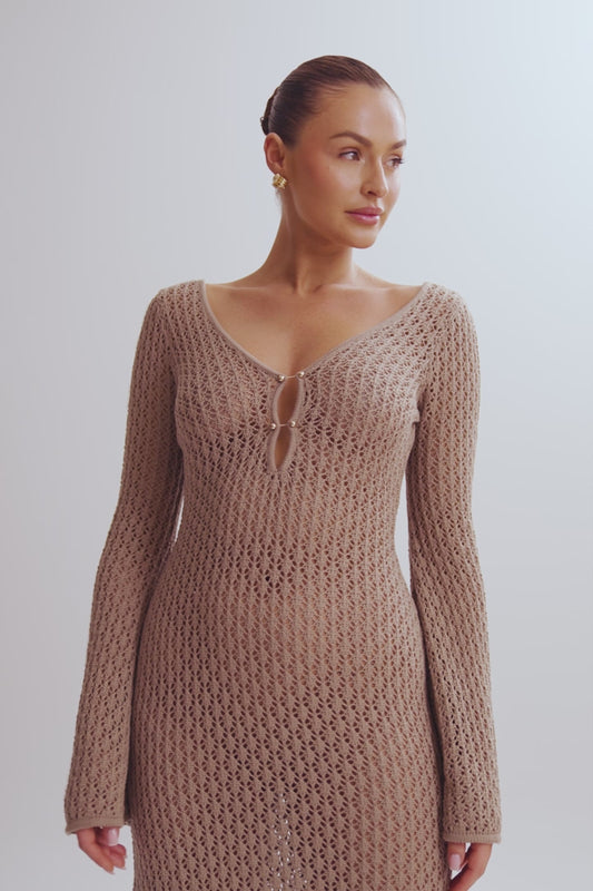 Kayleigh Crochet Fishtail Flare Sleeve Maxi Dress - Taupe