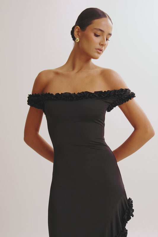 Arielle Off Shoulder Ruffle Midi Dress - Black