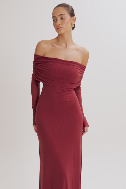 Josie Off Shoulder Mesh Maxi Dress - Wine