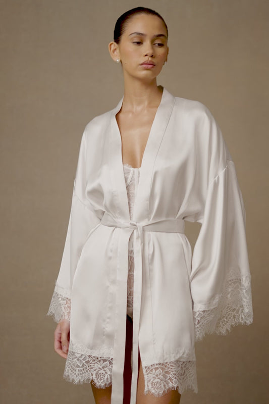 Annabeth Lace Trim Bridal Robe - White