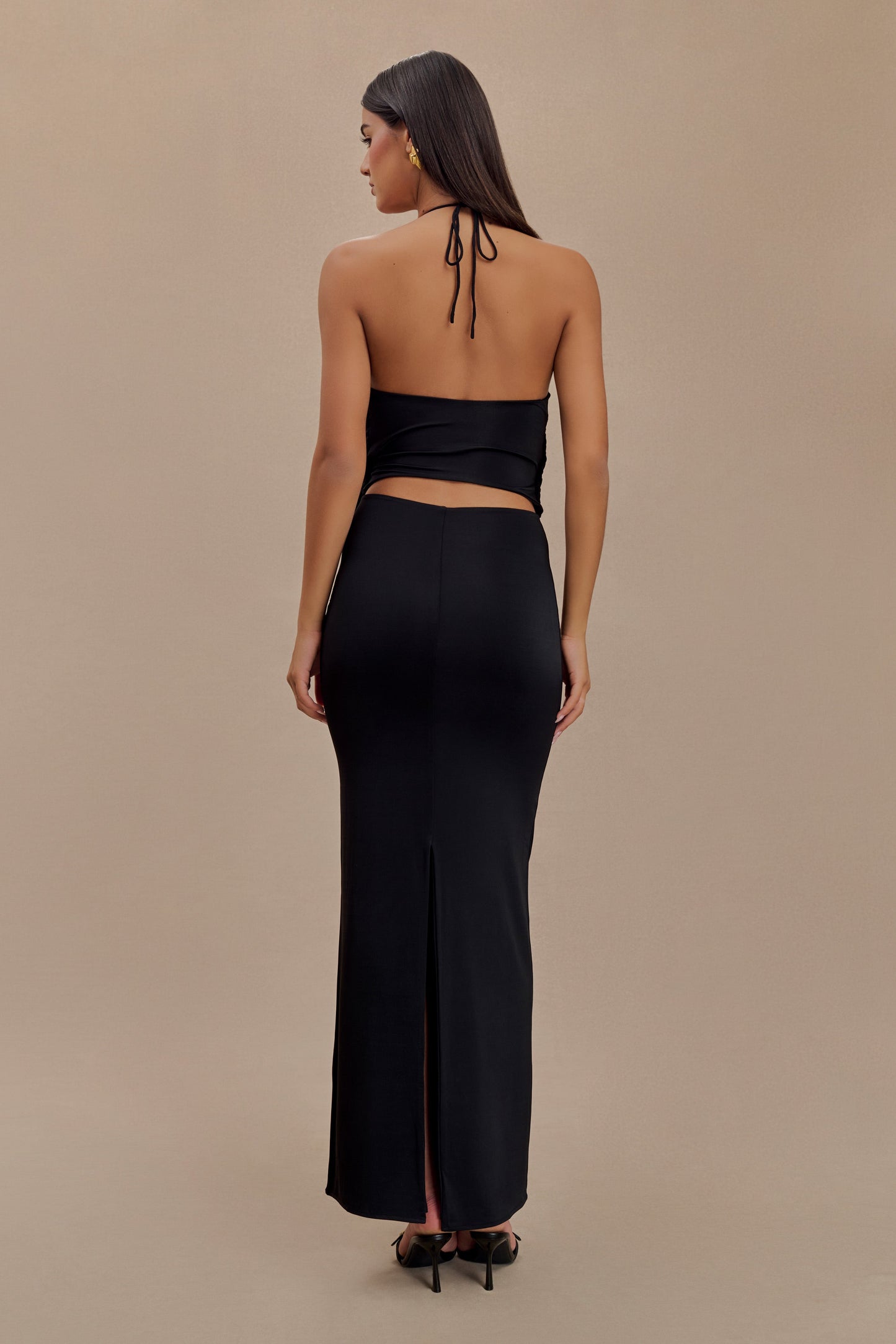 Tyla Draped Slinky Halter Maxi Dress - Black